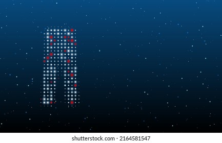 Auf der linken Seite ist das Hosensymbol mit weißen Punkten gefüllt. Hintergrundmuster aus Punkten und Kreisen verschiedener Farben. Vektorgrafik auf blauem Hintergrund mit Sternen