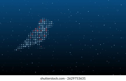 On the left is the parrot symbol filled with white dots. Background pattern from dots and circles of different shades. Vector illustration on blue background with stars