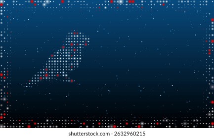 À esquerda está o símbolo do papagaio cheio de pontos brancos. Estilo pontilhismo. Quadro futurista abstrato de pontos e círculos. Alguns pontos são vermelhos. Ilustração vetorial sobre fundo azul com estrelas