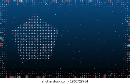 On the left is the pentagon symbol filled with white dots. Pointillism style. Abstract futuristic frame of dots and circles. Some dots is red. Vector illustration on blue background with stars