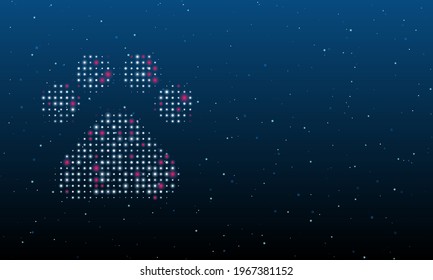 On the left is the pet symbol filled with white dots. Background pattern from dots and circles of different shades. Vector illustration on blue background with stars