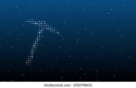 On the left is the pickaxe symbol filled with white dots. Background pattern from dots and circles of different shades. Vector illustration on blue background with stars