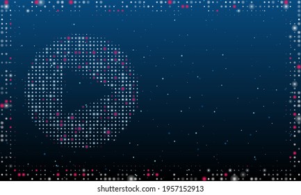 On the left is the play symbol filled with white dots. Pointillism style. Abstract futuristic frame of dots and circles. Some dots is pink. Vector illustration on blue background with stars