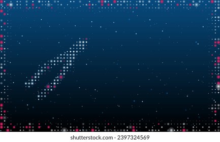 On the left is the pliers symbol filled with white dots. Pointillism style. Abstract futuristic frame of dots and circles. Some dots is pink. Vector illustration on blue background with stars