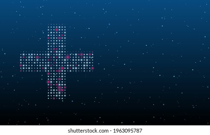 On the left is the plus symbol filled with white dots. Background pattern from dots and circles of different shades. Vector illustration on blue background with stars