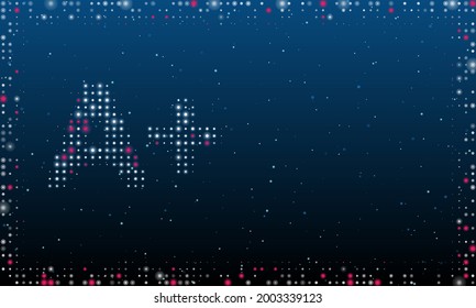 On the left is the A plus symbol filled with white dots. Pointillism style. Abstract futuristic frame of dots and circles. Some dots is pink. Vector illustration on blue background with stars