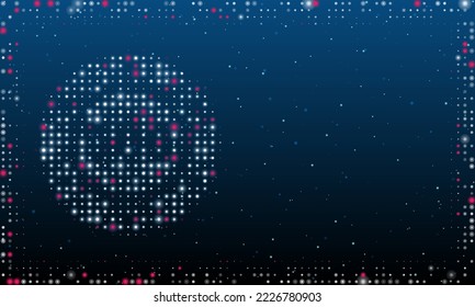 On the left is the poker chip symbol filled with white dots. Pointillism style. Abstract futuristic frame of dots and circles. Some dots is pink. Vector illustration on blue background with stars