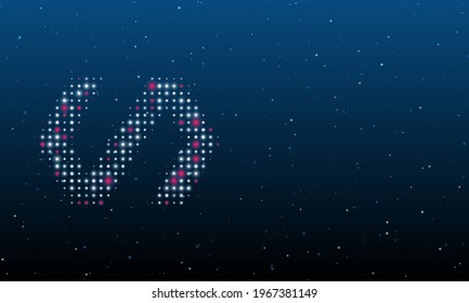 On the left is the polymer symbol filled with white dots. Background pattern from dots and circles of different shades. Vector illustration on blue background with stars