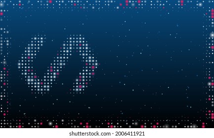 On the left is the polymer symbol filled with white dots. Pointillism style. Abstract futuristic frame of dots and circles. Some dots is pink. Vector illustration on blue background with stars
