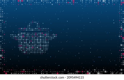 On the left is the pot symbol filled with white dots. Pointillism style. Abstract futuristic frame of dots and circles. Some dots is pink. Vector illustration on blue background with stars