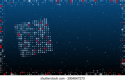 A la izquierda está el símbolo del rompecabezas lleno de puntos blancos. Estilo de puntillismo. Resumen marco futurista de puntos y círculos. Algunos puntos son rojos. Ilustración vectorial sobre fondo azul con estrellas