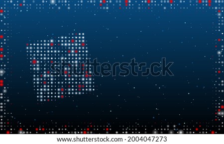 On the left is the puzzle symbol filled with white dots. Pointillism style. Abstract futuristic frame of dots and circles. Some dots is red. Vector illustration on blue background with stars