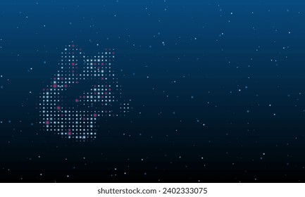 On the left is the raccoon head symbol filled with white dots. Background pattern from dots and circles of different shades. Vector illustration on blue background with stars