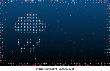 On the left is the rain symbol filled with white dots. Pointillism style. Abstract futuristic frame of dots and circles. Some dots is red. Vector illustration on blue background with stars
