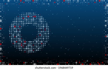 A la izquierda está el símbolo de medios de registro rellenado con puntos blancos. Estilo de puntillismo. Resumen marco futurista de puntos y círculos. Algunos puntos son rojos. Ilustración vectorial sobre fondo azul con estrellas