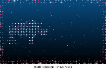 A la izquierda está el símbolo del rinoceronte con puntos blancos. Estilo de puntillismo. Resumen marco futurista de puntos y círculos. Algunos puntos son rosas. Ilustración vectorial sobre fondo azul con estrellas