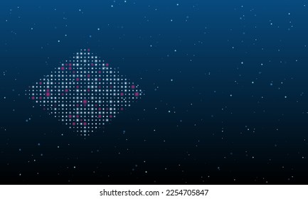 On the left is the rhombus symbol filled with white dots. Background pattern from dots and circles of different shades. Vector illustration on blue background with stars