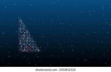 On the left is the right triangle symbol filled with white dots. Background pattern from dots and circles of different shades. Vector illustration on blue background with stars