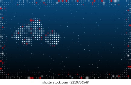 On the left is the road roller symbol filled with white dots. Pointillism style. Abstract futuristic frame of dots and circles. Some dots is red. Vector illustration on blue background with stars