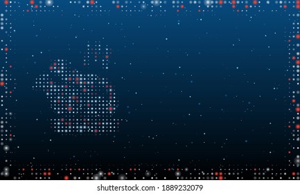 On the left is the roasted turkey symbol filled with white dots. Pointillism style. Abstract futuristic frame of dots and circles. Some dots is red. Vector illustration on blue background with stars