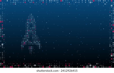 On the left is the rocket symbol filled with white dots. Pointillism style. Abstract futuristic frame of dots and circles. Some dots is pink. Vector illustration on blue background with stars