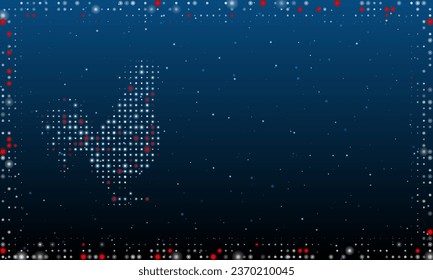 On the left is the rooster symbol filled with white dots. Pointillism style. Abstract futuristic frame of dots and circles. Some dots is red. Vector illustration on blue background with stars