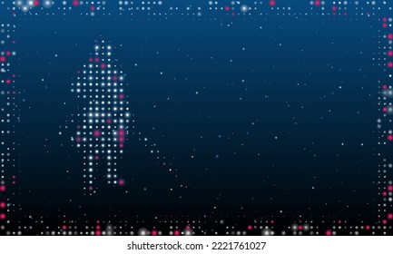 On the left is the samurai symbol filled with white dots. Pointillism style. Abstract futuristic frame of dots and circles. Some dots is pink. Vector illustration on blue background with stars