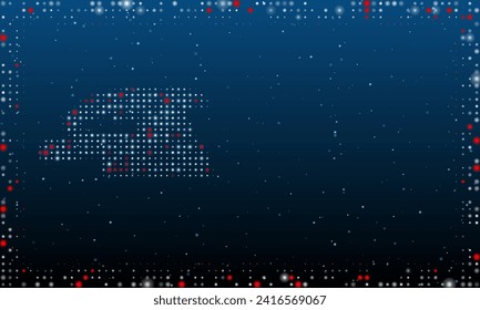 On the left is the sanding machine symbol filled with white dots. Pointillism style. Abstract futuristic frame of dots and circles. Some dots is red. Vector illustration on blue background with stars