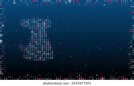 On the left is the sanding machine symbol filled with white dots. Pointillism style. Abstract futuristic frame of dots and circles. Some dots is pink. Vector illustration on blue background with stars