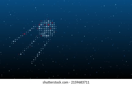 On the left is the satellite symbol filled with white dots. Background pattern from dots and circles of different shades. Vector illustration on blue background with stars