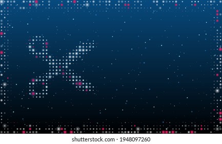 On the left is the scissors symbol filled with white dots. Pointillism style. Abstract futuristic frame of dots and circles. Some dots is pink. Vector illustration on blue background with stars