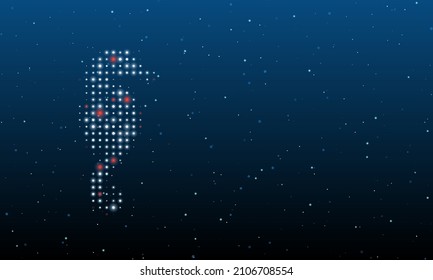 On the left is the sea horse symbol filled with white dots. Background pattern from dots and circles of different shades. Vector illustration on blue background with stars