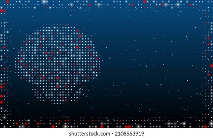 On the left is the sea shell symbol filled with white dots. Pointillism style. Abstract futuristic frame of dots and circles. Some dots is red. Vector illustration on blue background with stars