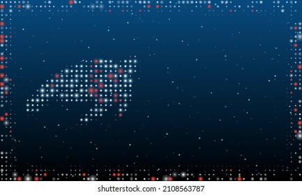 On the left is the sea turtle symbol filled with white dots. Pointillism style. Abstract futuristic frame of dots and circles. Some dots is red. Vector illustration on blue background with stars