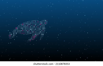 On the left is the sea turtle symbol filled with white dots. Background pattern from dots and circles of different shades. Vector illustration on blue background with stars