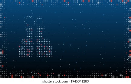 On the left is the set of gifts symbol filled with white dots. Pointillism style. Abstract futuristic frame of dots and circles. Some dots is red. Vector illustration on blue background with stars