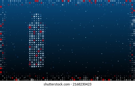 A la izquierda está el símbolo de champú relleno de puntos blancos. Estilo de puntillismo. Resumen marco futurista de puntos y círculos. Algunos puntos son rojos. Ilustración vectorial sobre fondo azul con estrellas