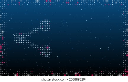 On the left is the share symbol filled with white dots. Pointillism style. Abstract futuristic frame of dots and circles. Some dots is pink. Vector illustration on blue background with stars