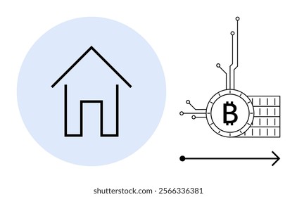 On the left, a simplistic house symbol within a blue circle. On the right, a circuit-like Bitcoin symbol. Ideal for real estate, cryptocurrency, blockchain, technology, property investment, digital