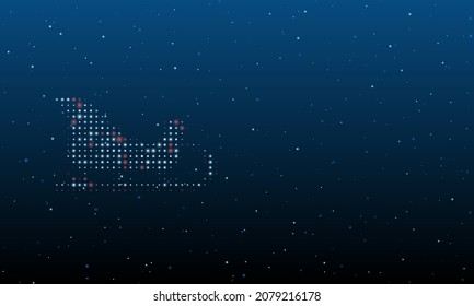 On the left is the sleigh symbol filled with white dots. Background pattern from dots and circles of different shades. Vector illustration on blue background with stars