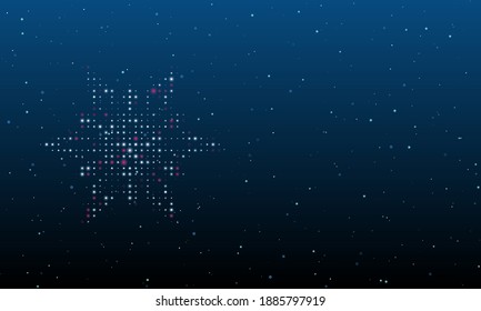 On the left is the snowflake symbol filled with white and red dots. Background pattern from dots and circles of different shades. Vector illustration on blue background with stars