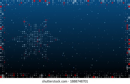 On the left is the snowflake symbol filled with white dots. Pointillism style. Abstract futuristic frame of dots and circles. Some dots is red. Vector illustration on blue background with stars