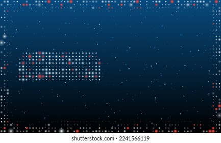 A la izquierda está el símbolo del sofá lleno de puntos blancos. Estilo de puntillismo. Resumen marco futurista de puntos y círculos. Algunos puntos son rojos. Ilustración vectorial sobre fondo azul con estrellas