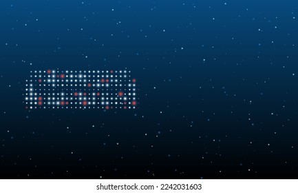 On the left is the sofa symbol filled with white dots. Background pattern from dots and circles of different shades. Vector illustration on blue background with stars