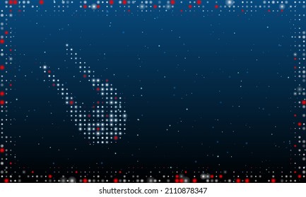 On the left is the solo bobsleigh symbol filled with white dots. Pointillism style. Abstract futuristic frame of dots and circles. Some dots is red. Vector illustration on blue background with stars