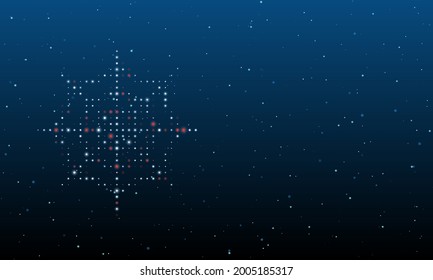 On the left is the spider web symbol filled with white dots. Background pattern from dots and circles of different shades. Vector illustration on blue background with stars