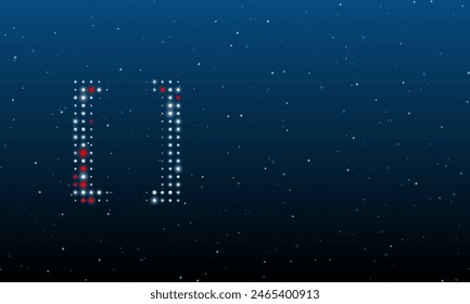 On the left is the square brackets symbol filled with white dots. Background pattern from dots and circles of different shades. Vector illustration on blue background with stars