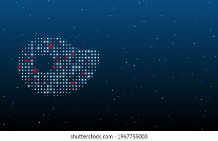 On the left is the steak symbol filled with white dots. Background pattern from dots and circles of different shades. Vector illustration on blue background with stars