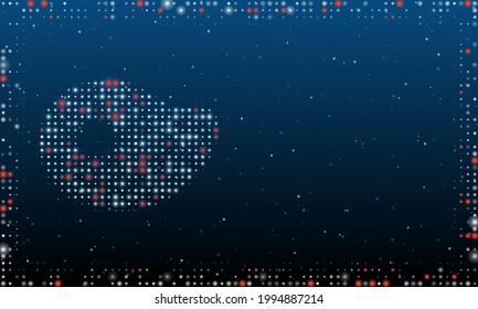 On the left is the steak symbol filled with white dots. Pointillism style. Abstract futuristic frame of dots and circles. Some dots is red. Vector illustration on blue background with stars