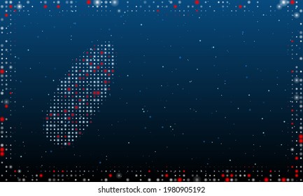 On the left is the surf board symbol filled with white dots. Pointillism style. Abstract futuristic frame of dots and circles. Some dots is red. Vector illustration on blue background with stars